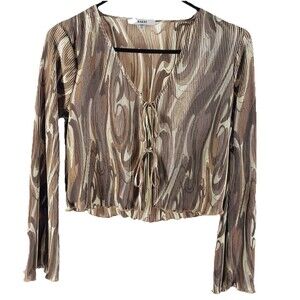 RO & DE Pleated Tie Front Top XS Brown Abstract Y2K Boho Fairycore